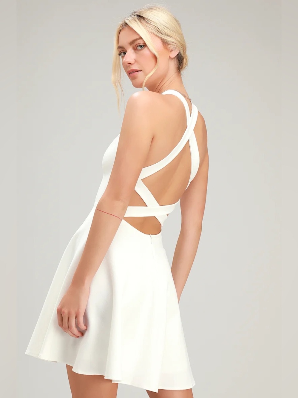 Lulu's Katrina White Strappy Backless Fit & Flare Skater Dress